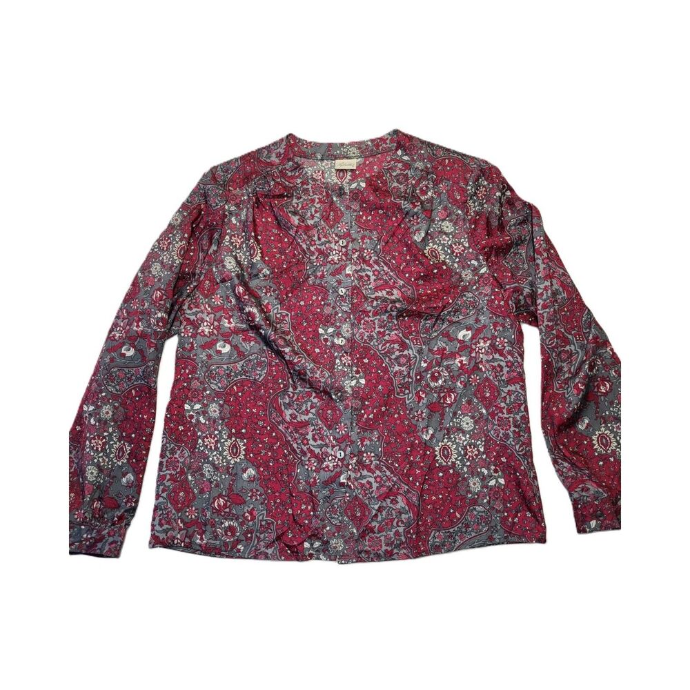 Pykettes Vintage 70s Shirt Womens L Retro Floral Blouse Notch Collar Top